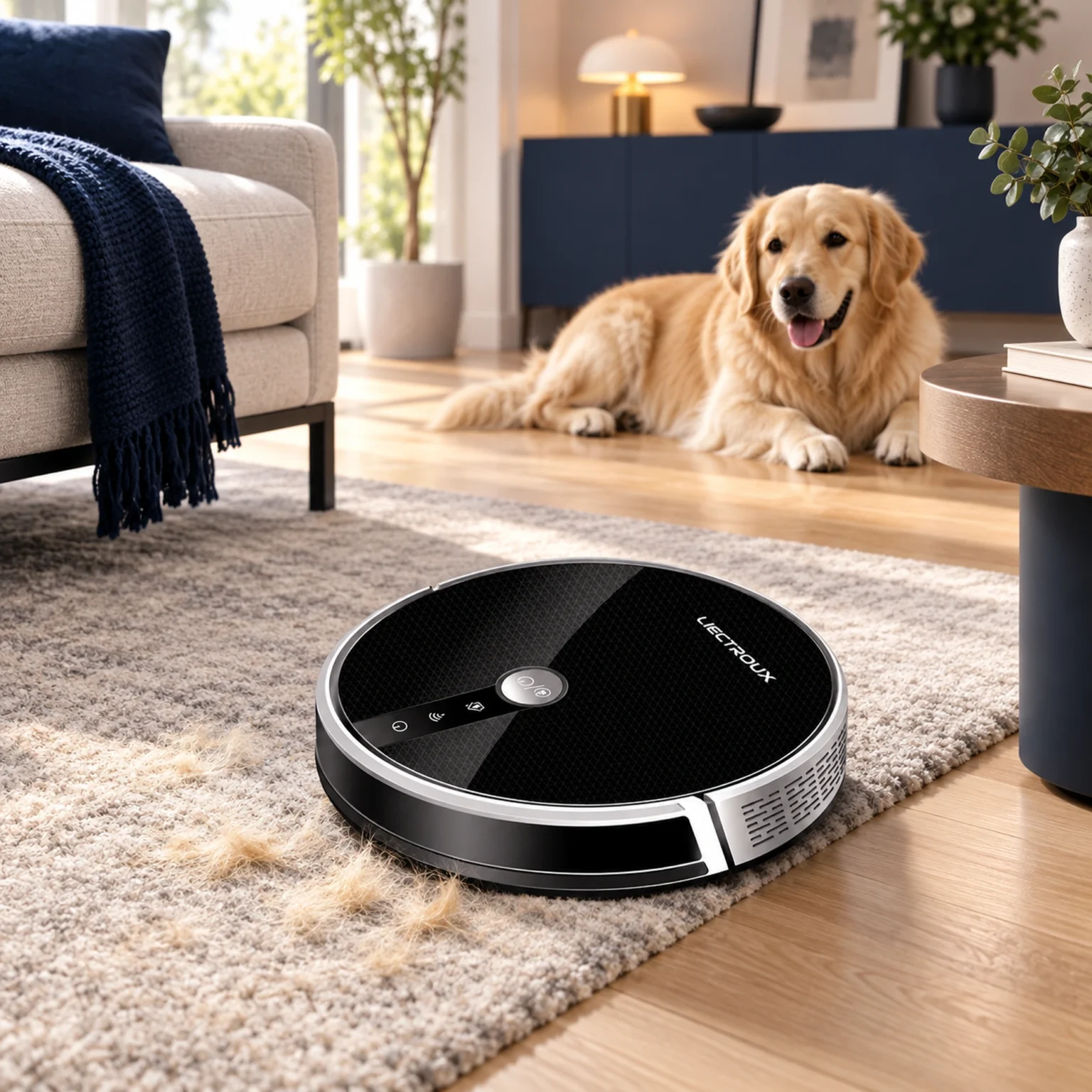 Le Liectroux C30B aspire des poils de chien sur un tapis