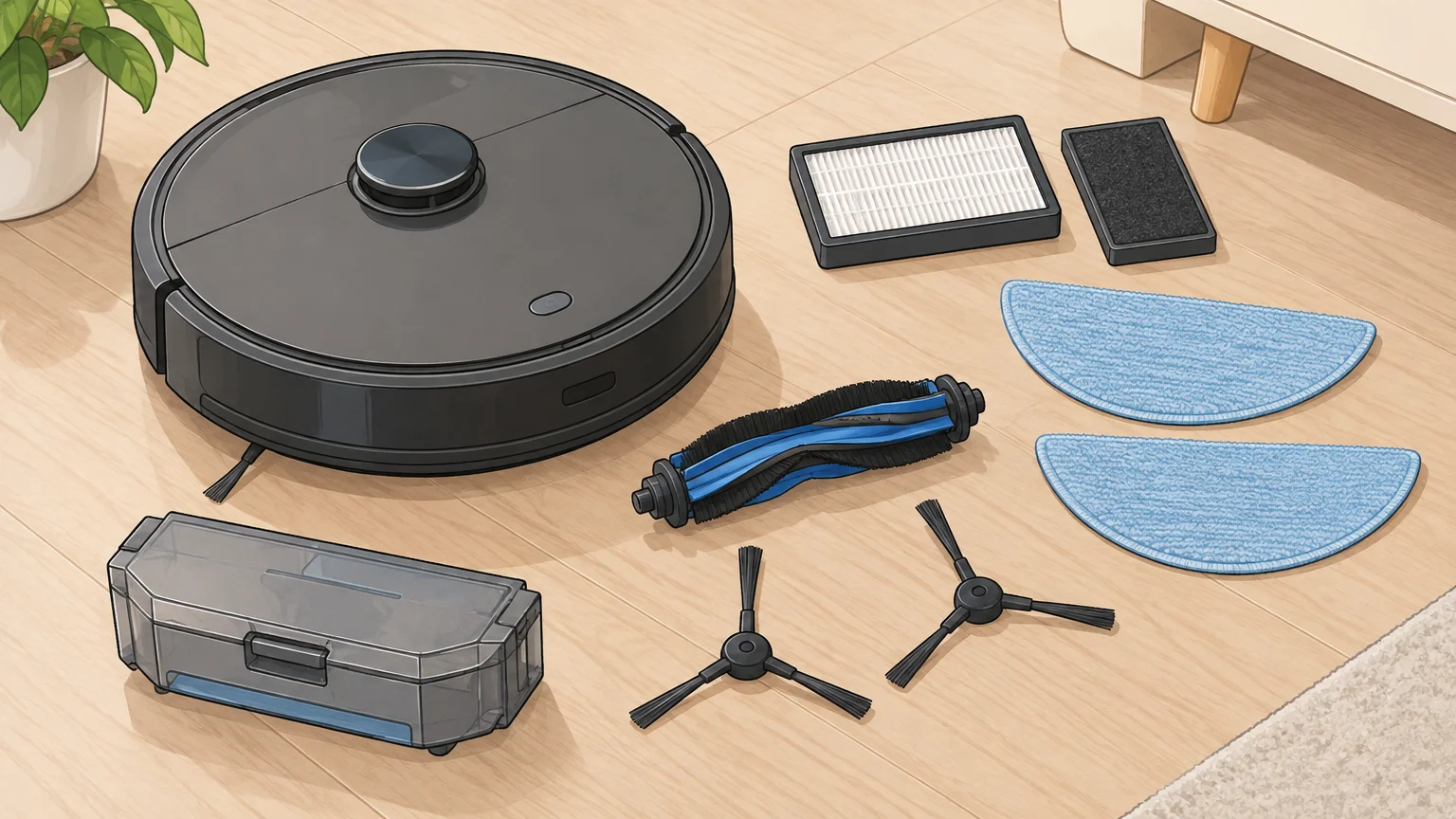 Robot aspirateur avec brosses, filtres et serpillière de rechange