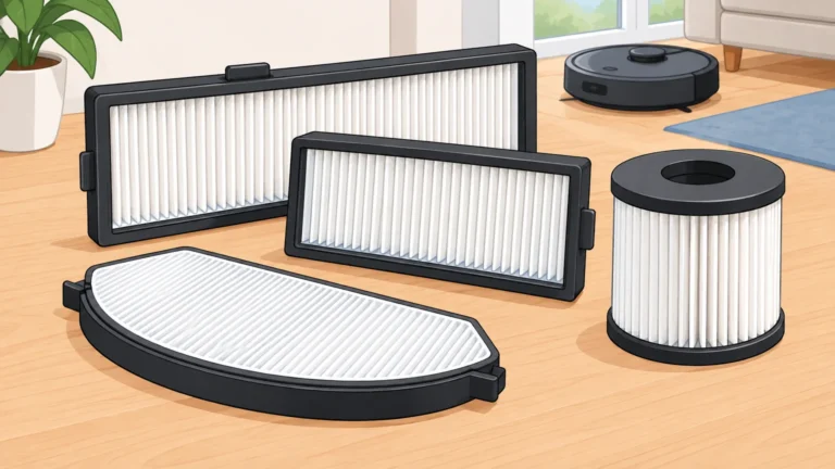 Filtres de remplacement pour robot aspirateur, avec leurs surfaces plissées visibles