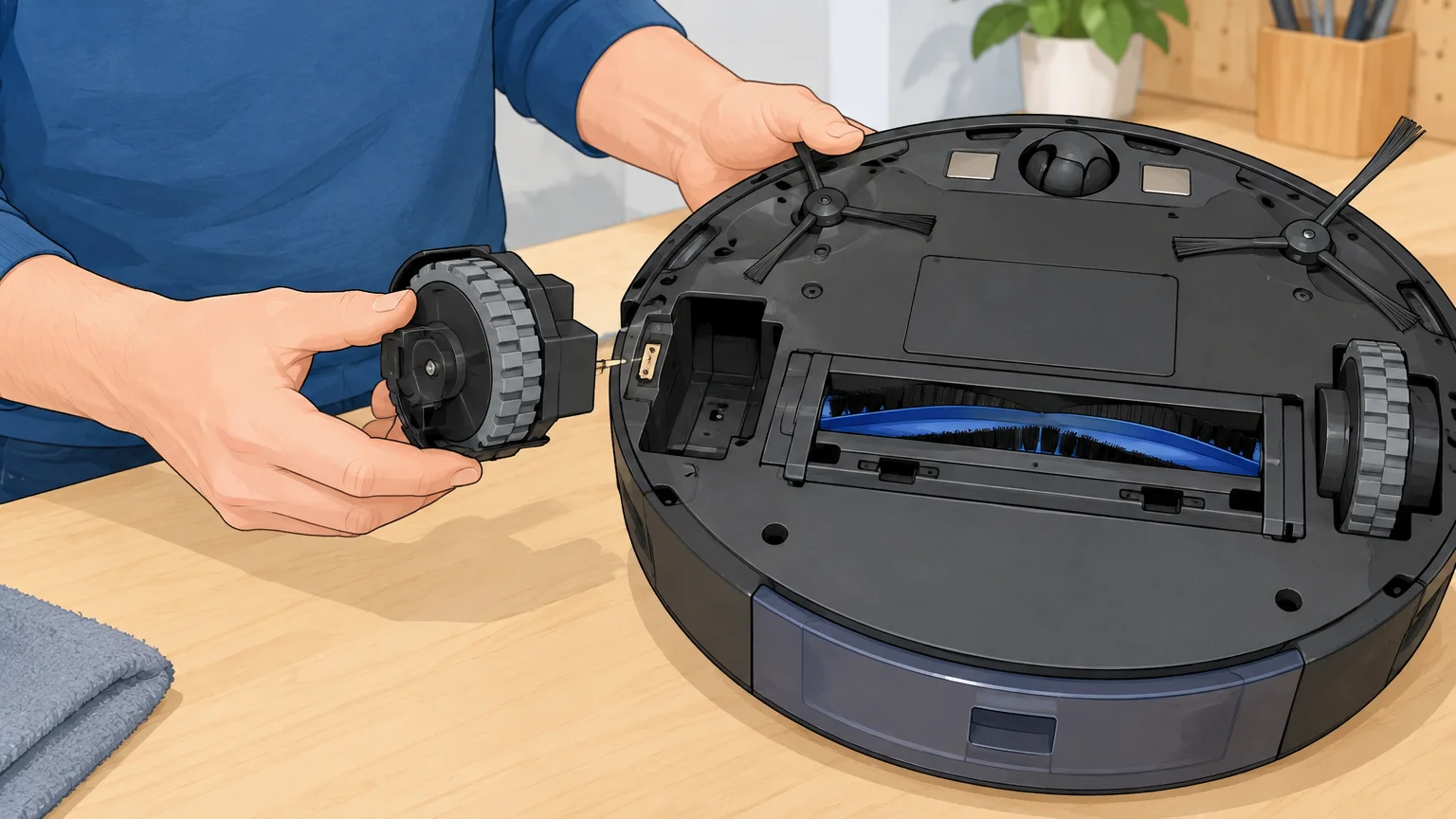 Vérification d’une roue et de sa fixation sous un robot aspirateur