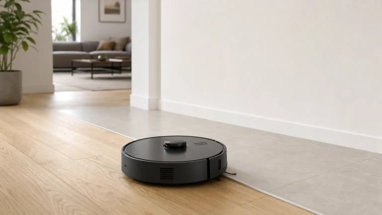 Robot aspirateur générique sur un sol clair dans un intérieur contemporain en France