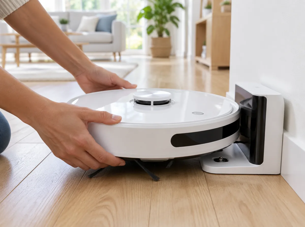 Installation du robot aspirateur sur sa base de charge
